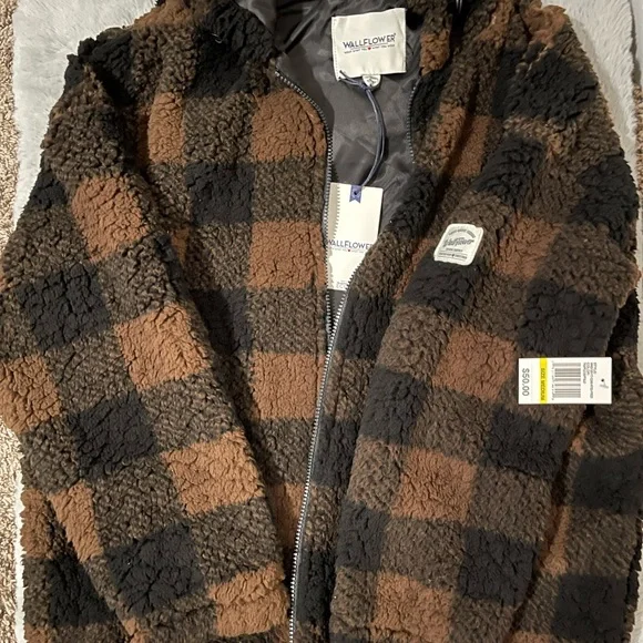 Wallflower Women’s Medium Sherpa Hooded Jacket, Brown and Black - Picture 3 of 3